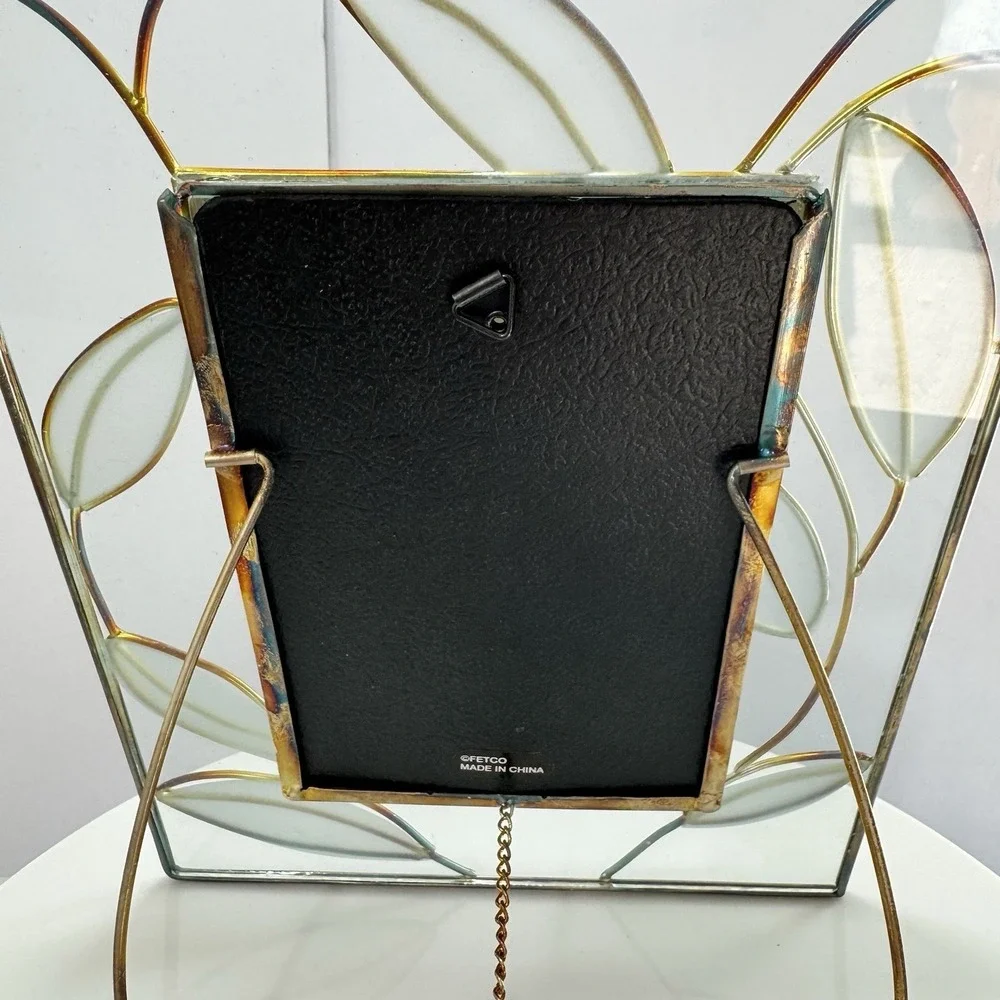 Brass & Glass Picture Frame 4X6” Vintage Garden Gate Fetco Leaves, Glass Square‎